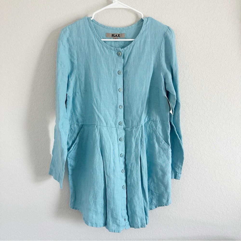 NWT Flax Linen Tunic Top Dress Pockets Blue Sz P Petite Women’s